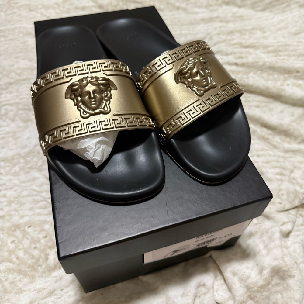 Versace Black and Gold Medusa Slides